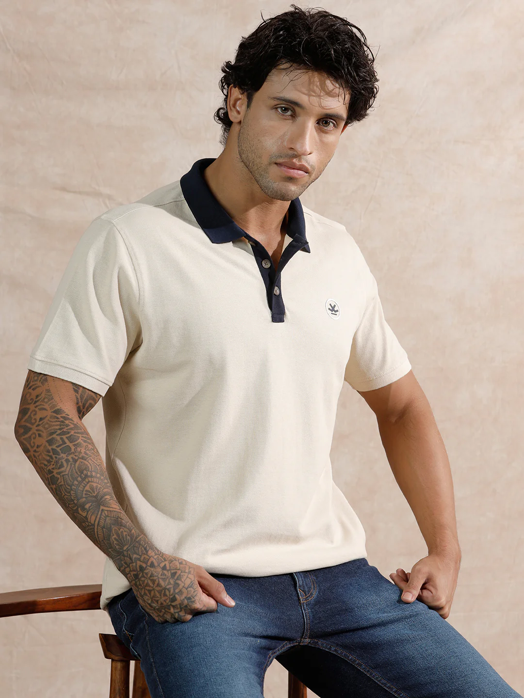 Contrast Collar Slim Fit Polo T-Shirt | Beige