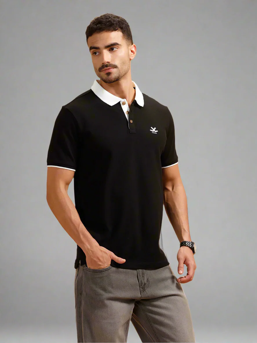 Contrast Collar Slim Fit Polo T-Shirt | Black