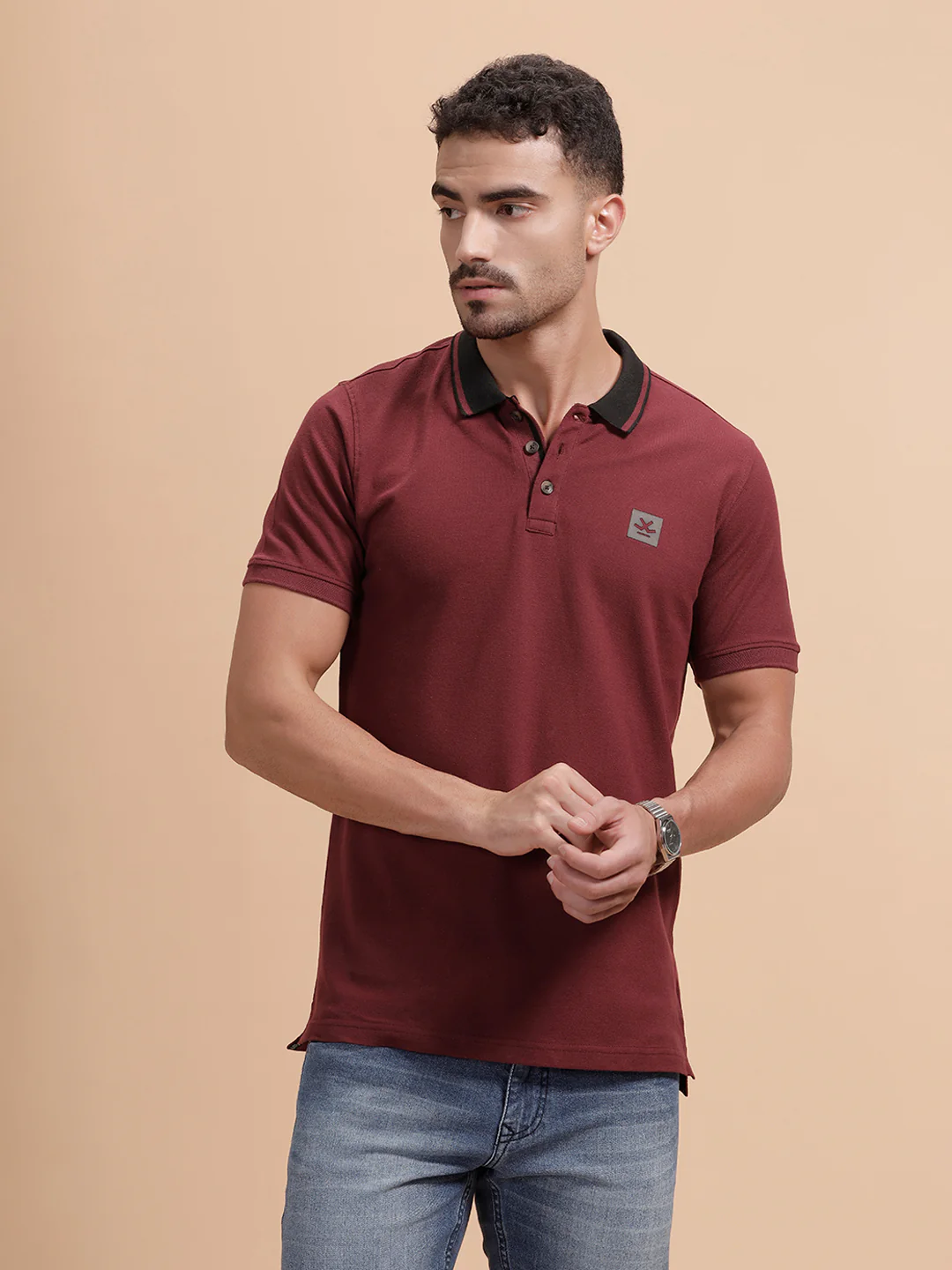 Contrast Collar Slim Fit Polo T-Shirt | Maroon