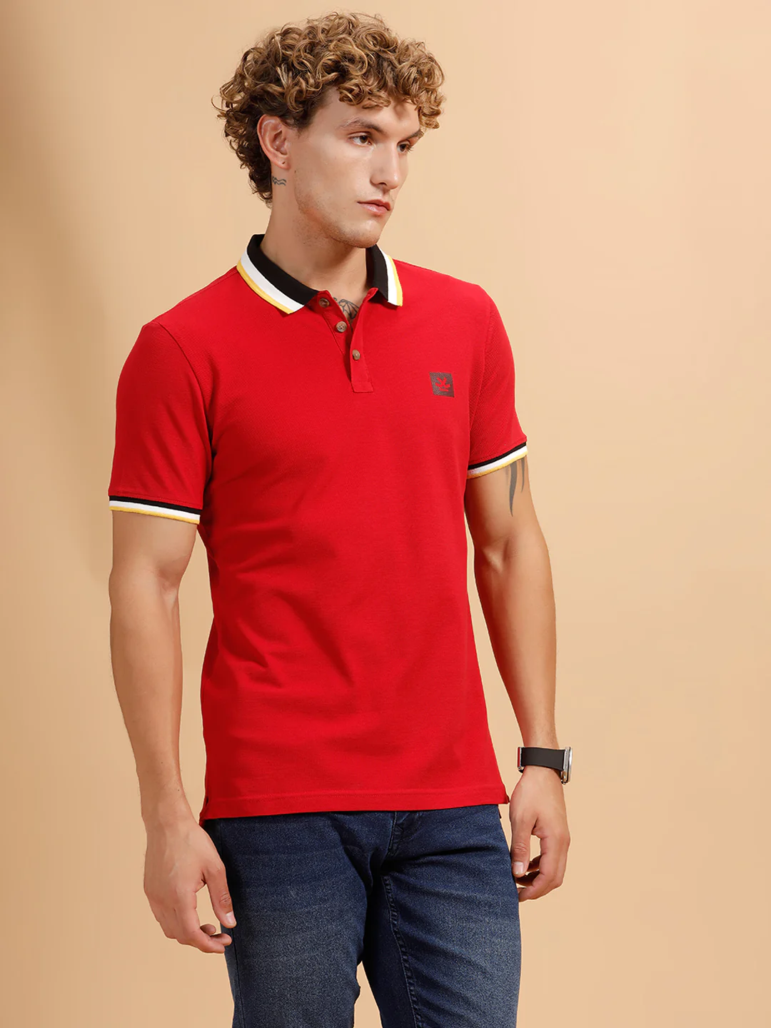 Contrast Collar Slim Fit Polo T-Shirt | Red
