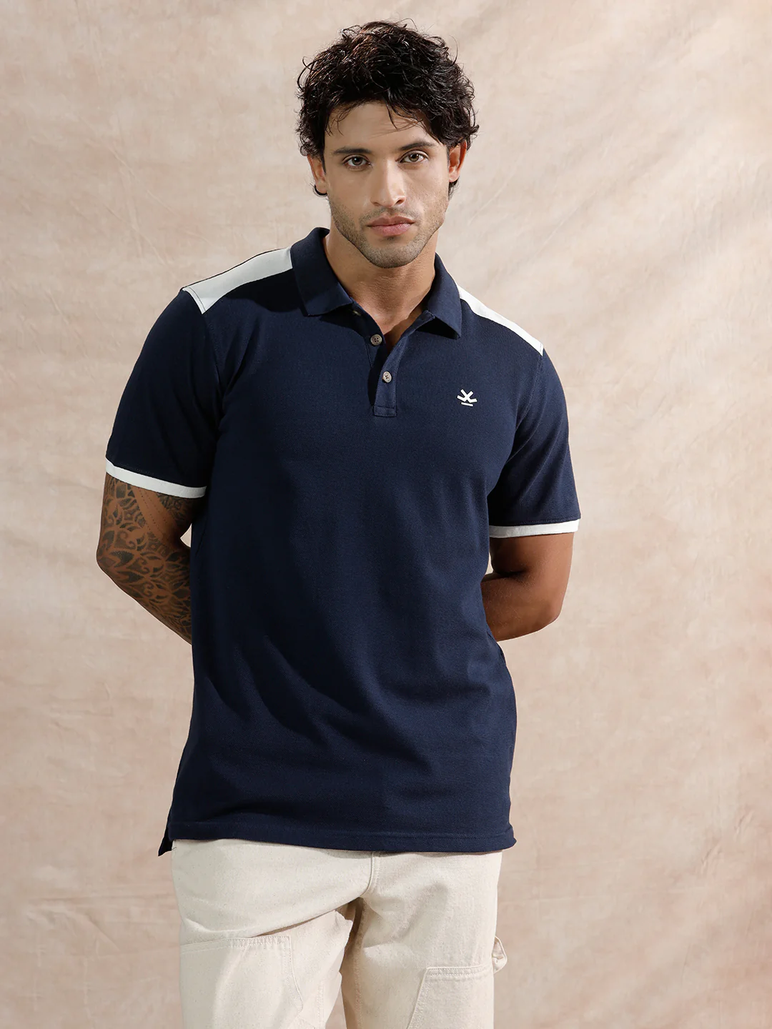 Contrast Colour Blocked Polo T-Shirt  | Navy Blue