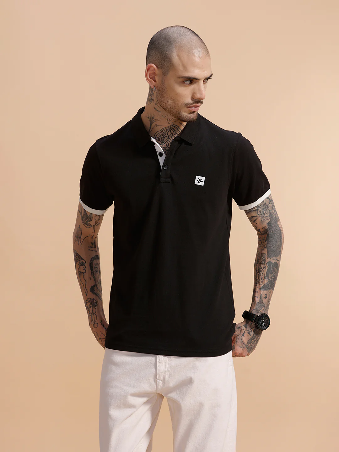 Contrast Rib Pique Polo T-Shirt | Black