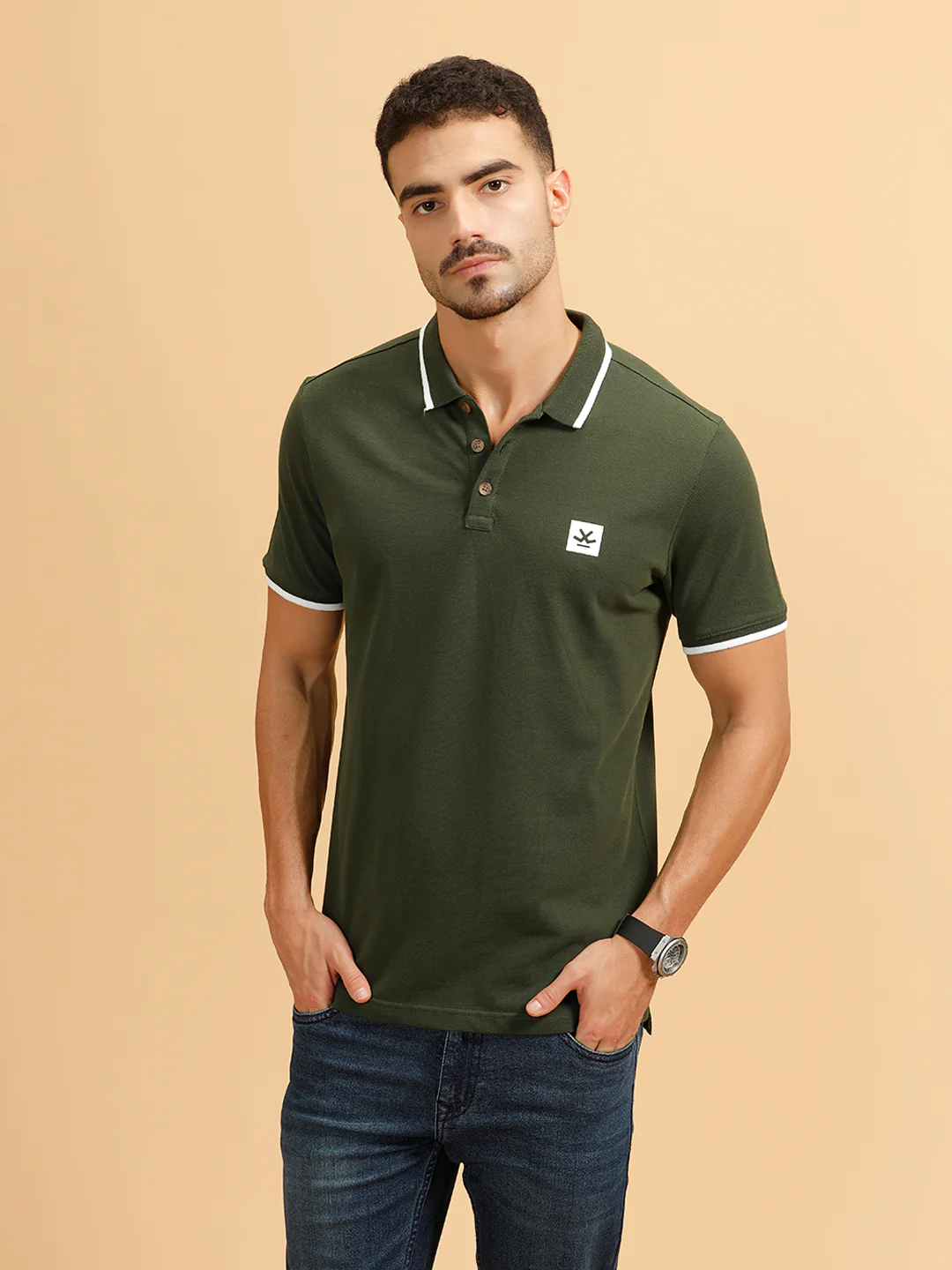 Contrast Slim Fit Polo T-shirt | Olive