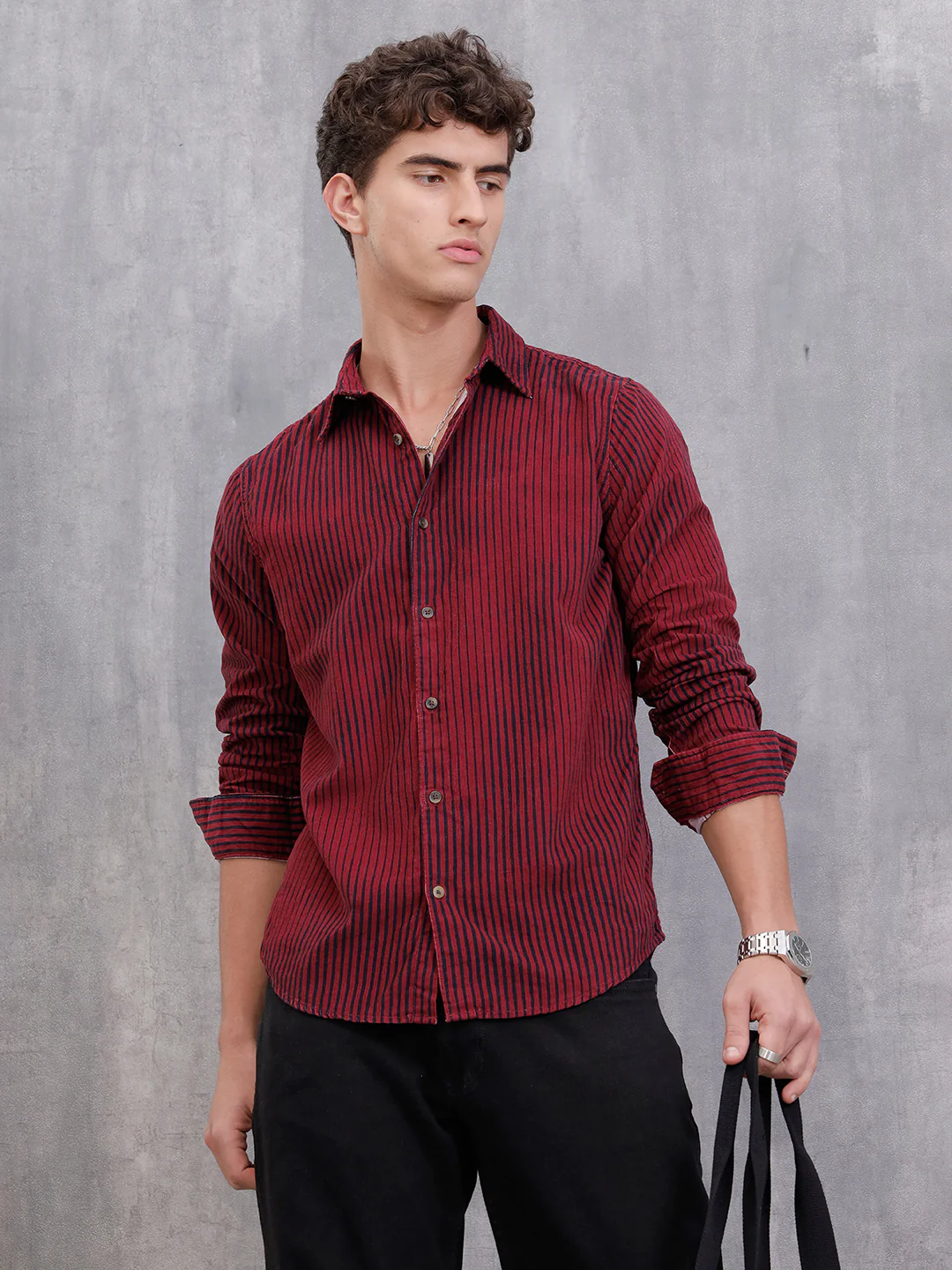 Corduroy Lenticular Stripe Print Shirt | Dark Maroon