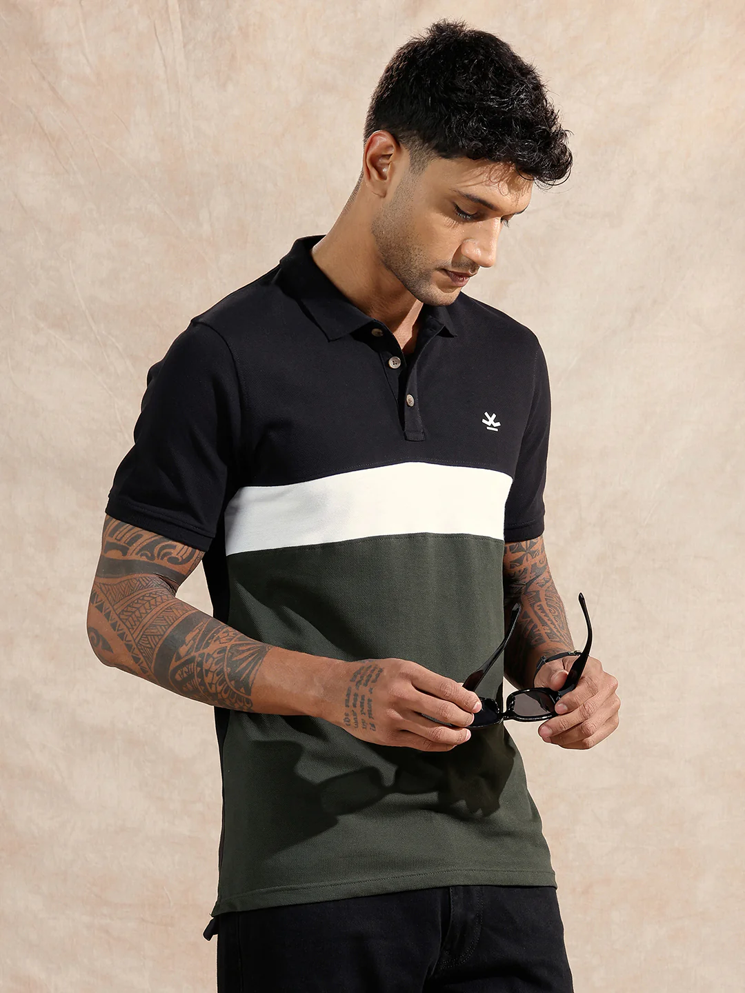 Cut & Sew Polo T-Shirt | Black & Olive