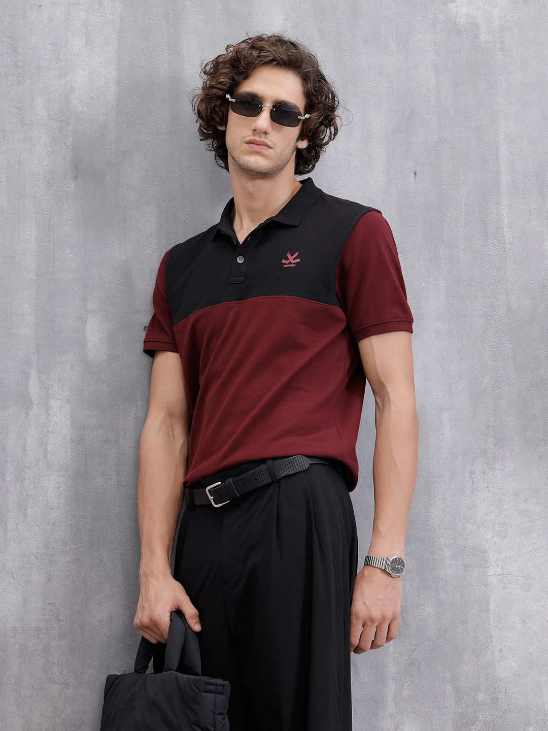 Cut & Sew Slim Fit Polo | Maroon/Black