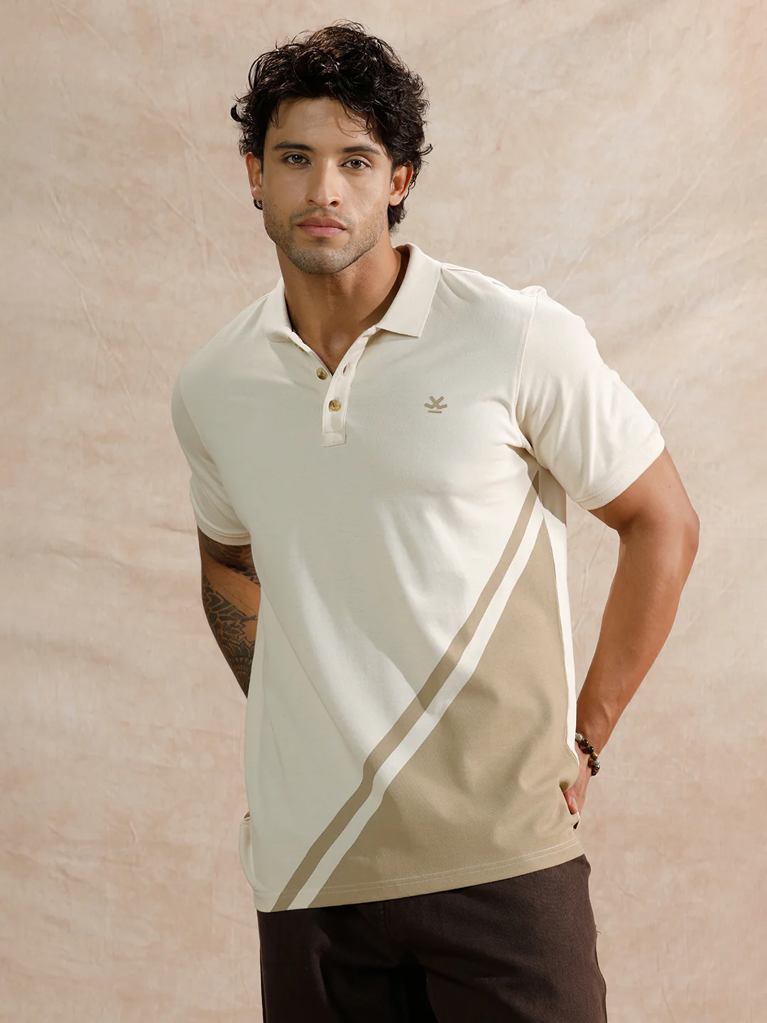 Diagonal Colour Blocked Polo T-Shirt | Beige