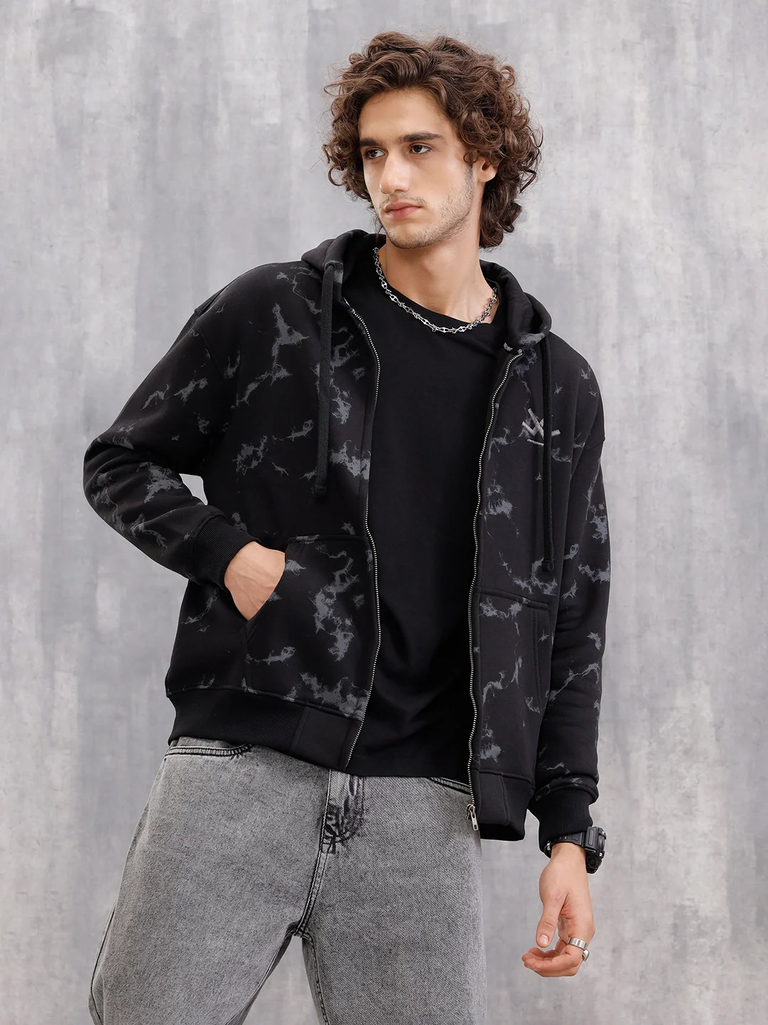 Distressed Printed Front Open Hooded Sweatshirt | Black