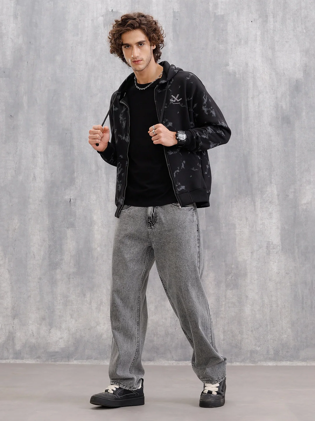 Distressed Printed Front Open Hooded Sweatshirt | Black - Image 2
