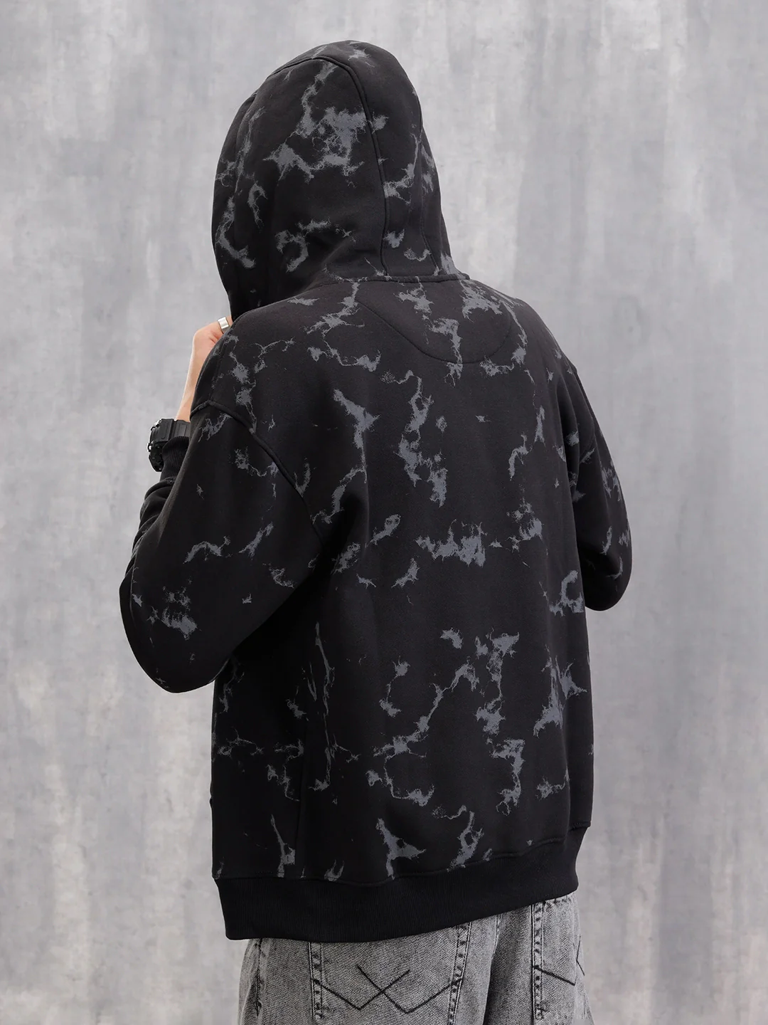 Distressed Printed Front Open Hooded Sweatshirt | Black - Image 3