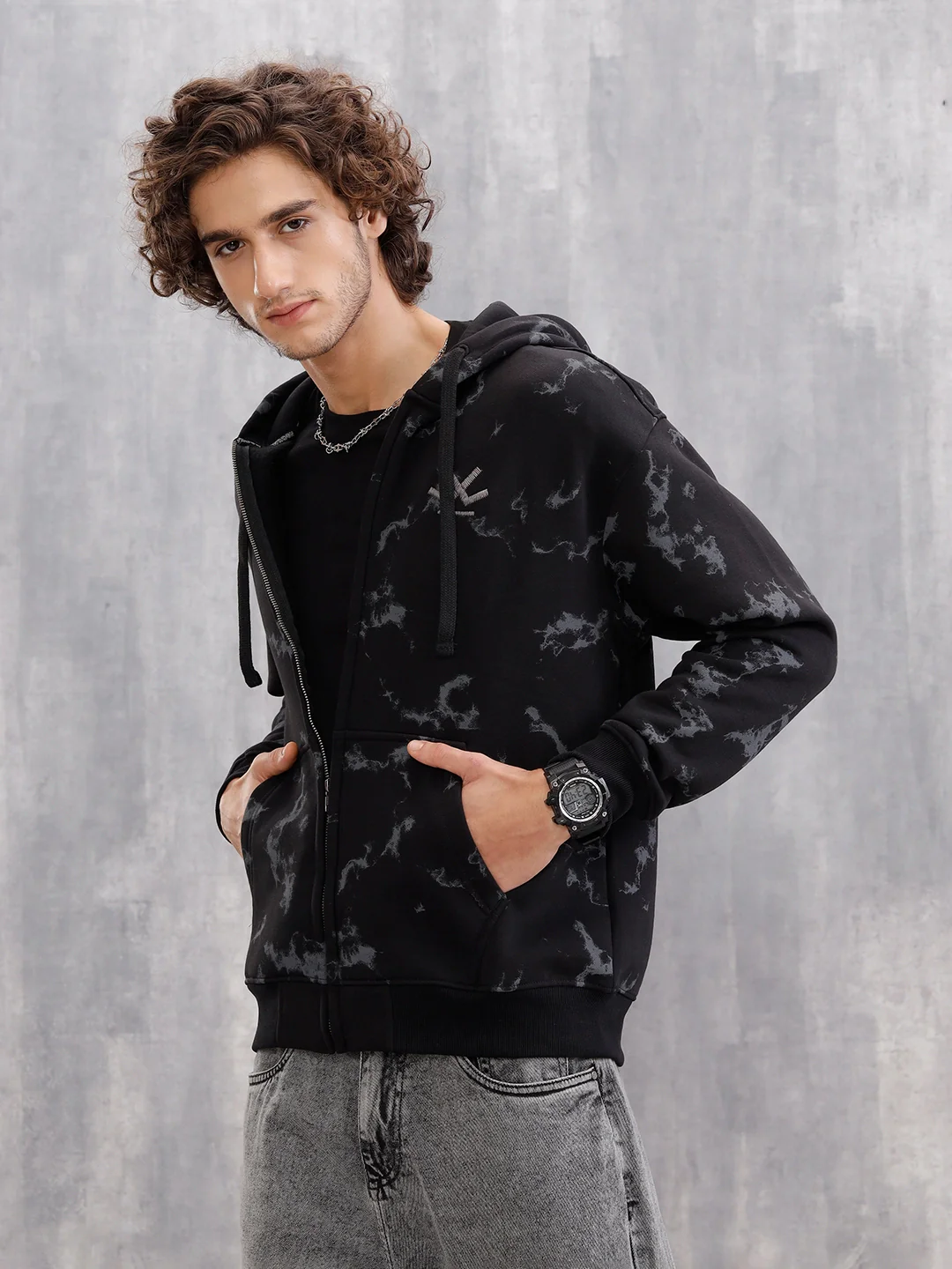 Distressed Printed Front Open Hooded Sweatshirt | Black - Image 5