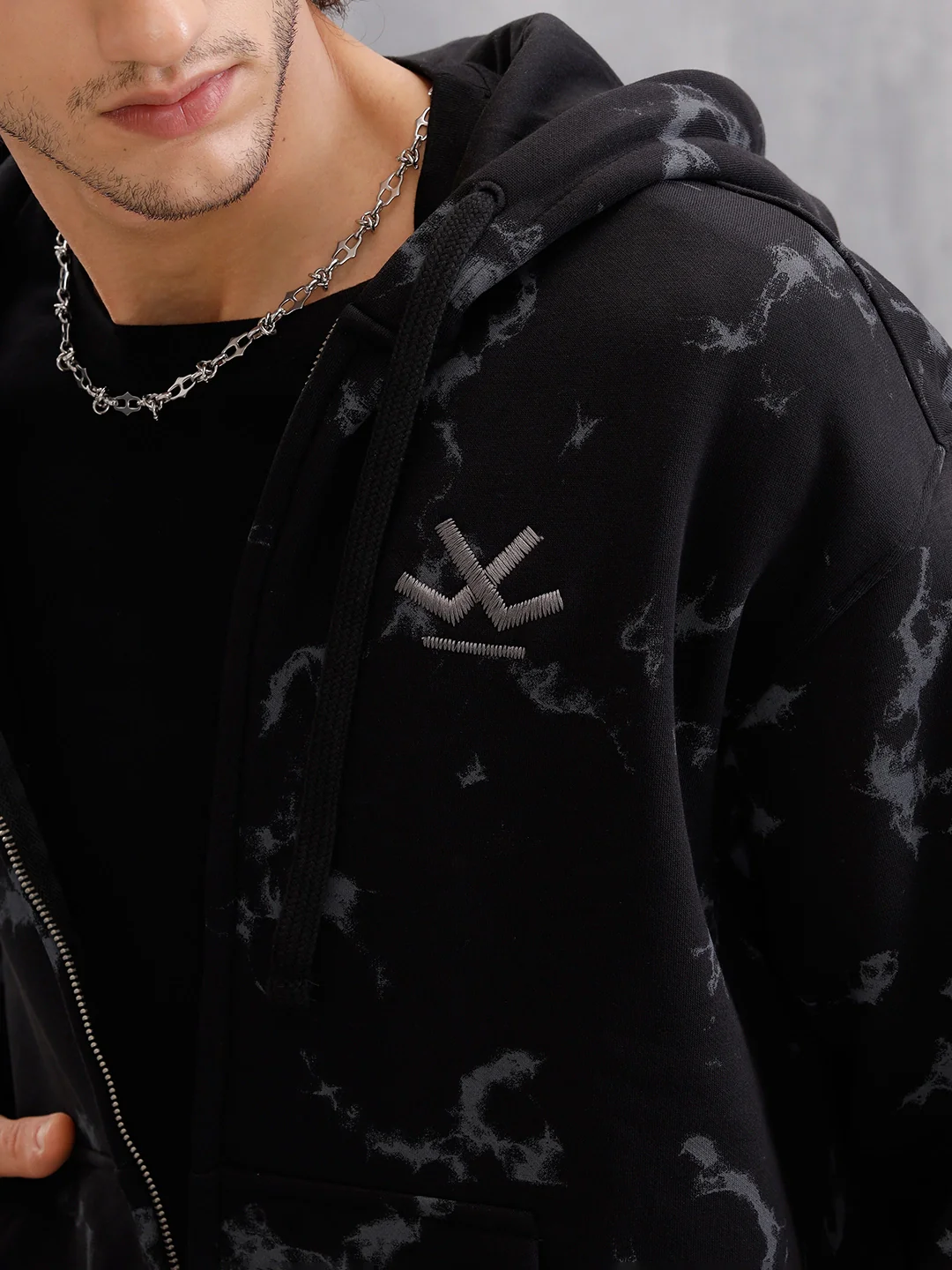 Distressed Printed Front Open Hooded Sweatshirt | Black - Image 6