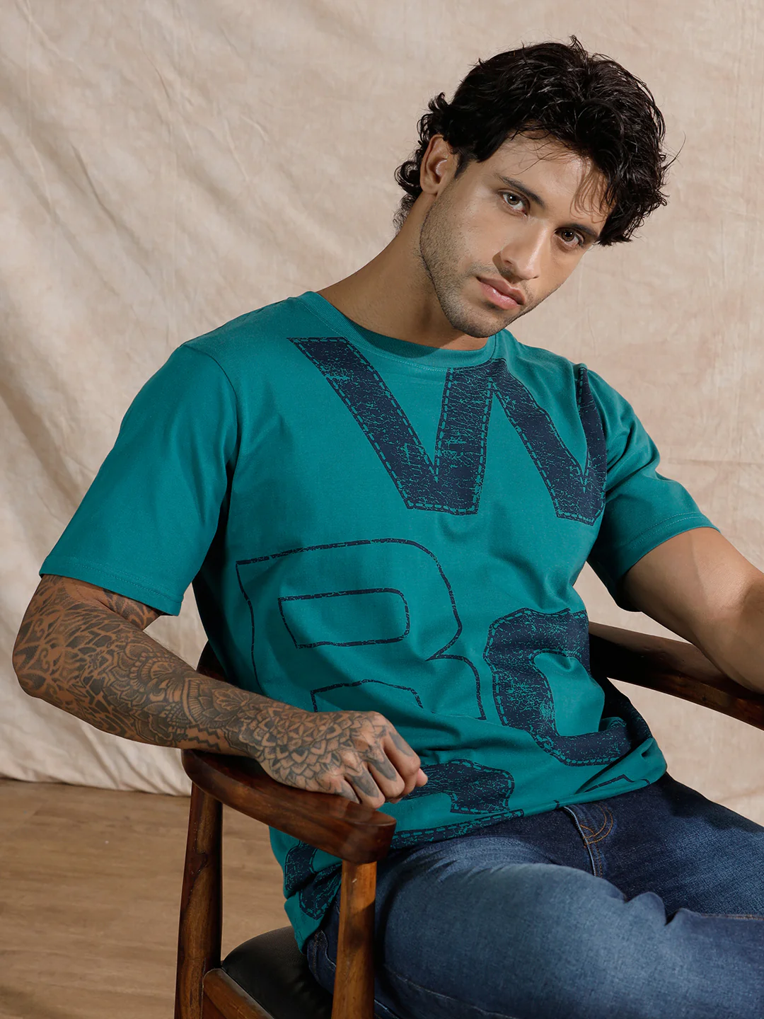 Distressed Typography Slim Fit T-Shirt | Teal