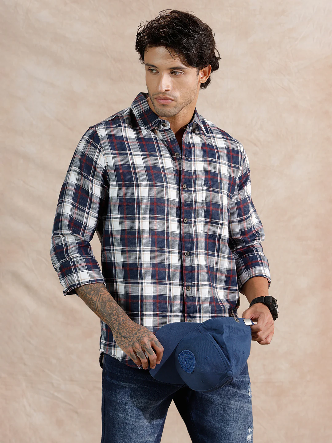 Dobby Check Regular Fit Shirt | Navy Blue