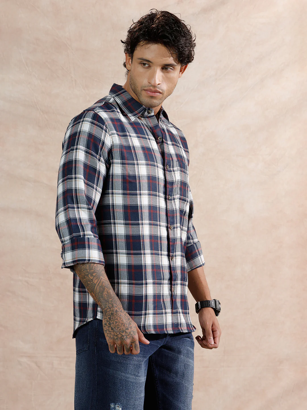 Dobby Check Regular Fit Shirt | Navy Blue - Image 4