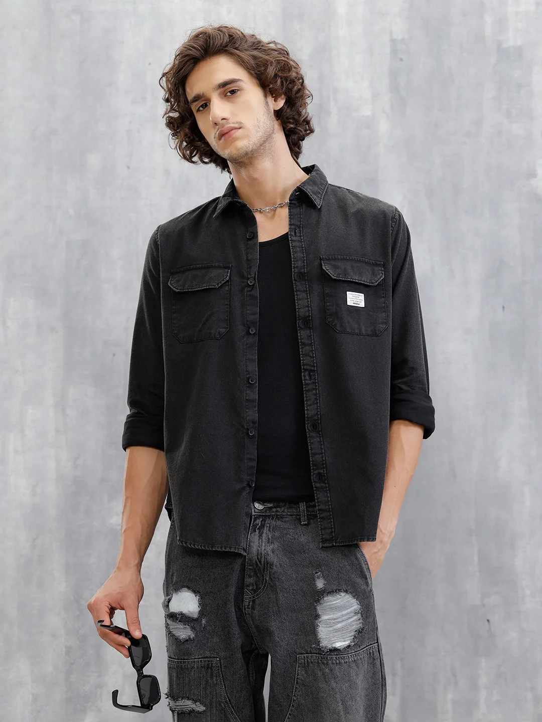 Double Pocket Overdyed Shirt | Black