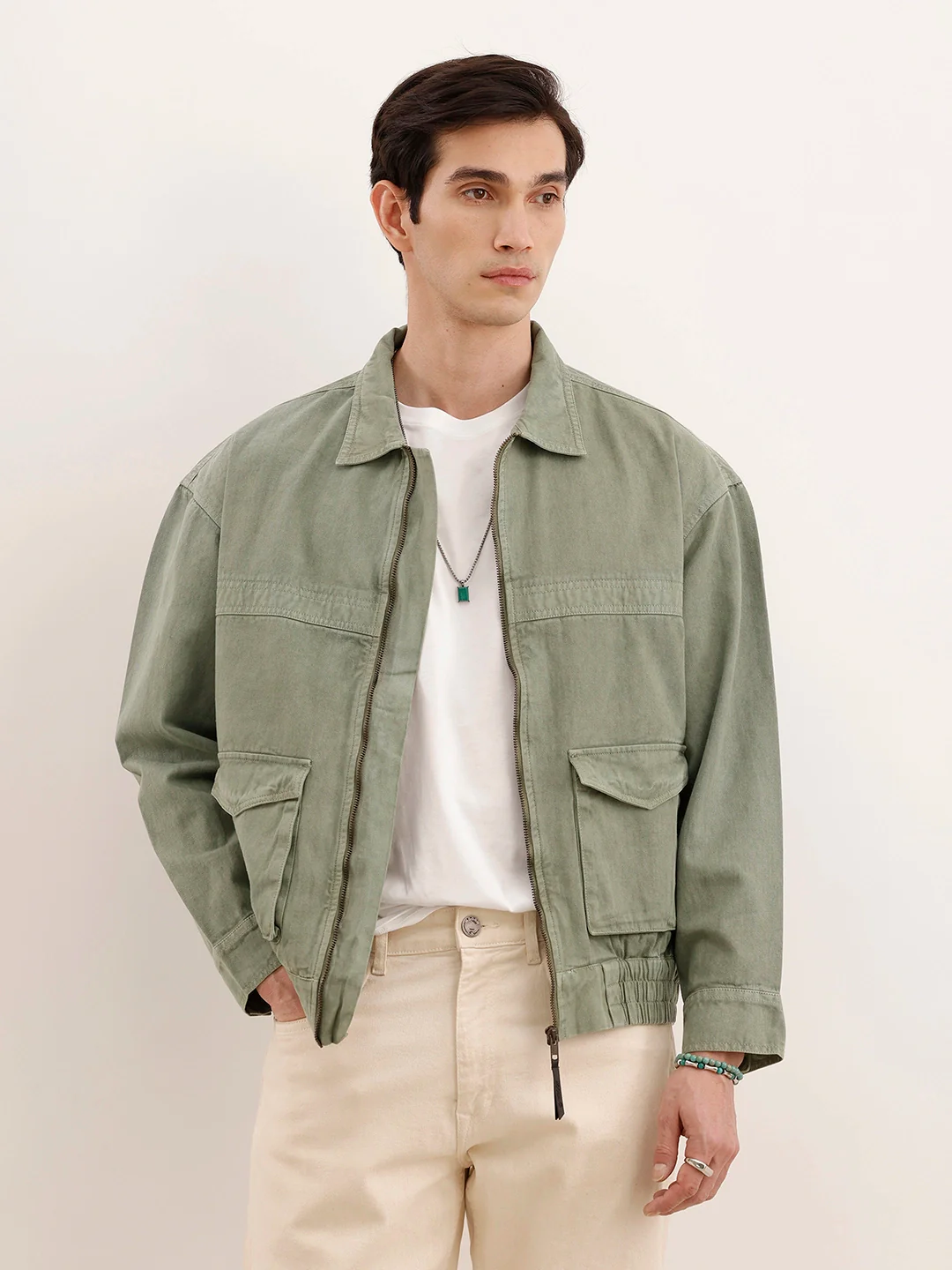 Oversized Zipper Denim Jacket | Olive