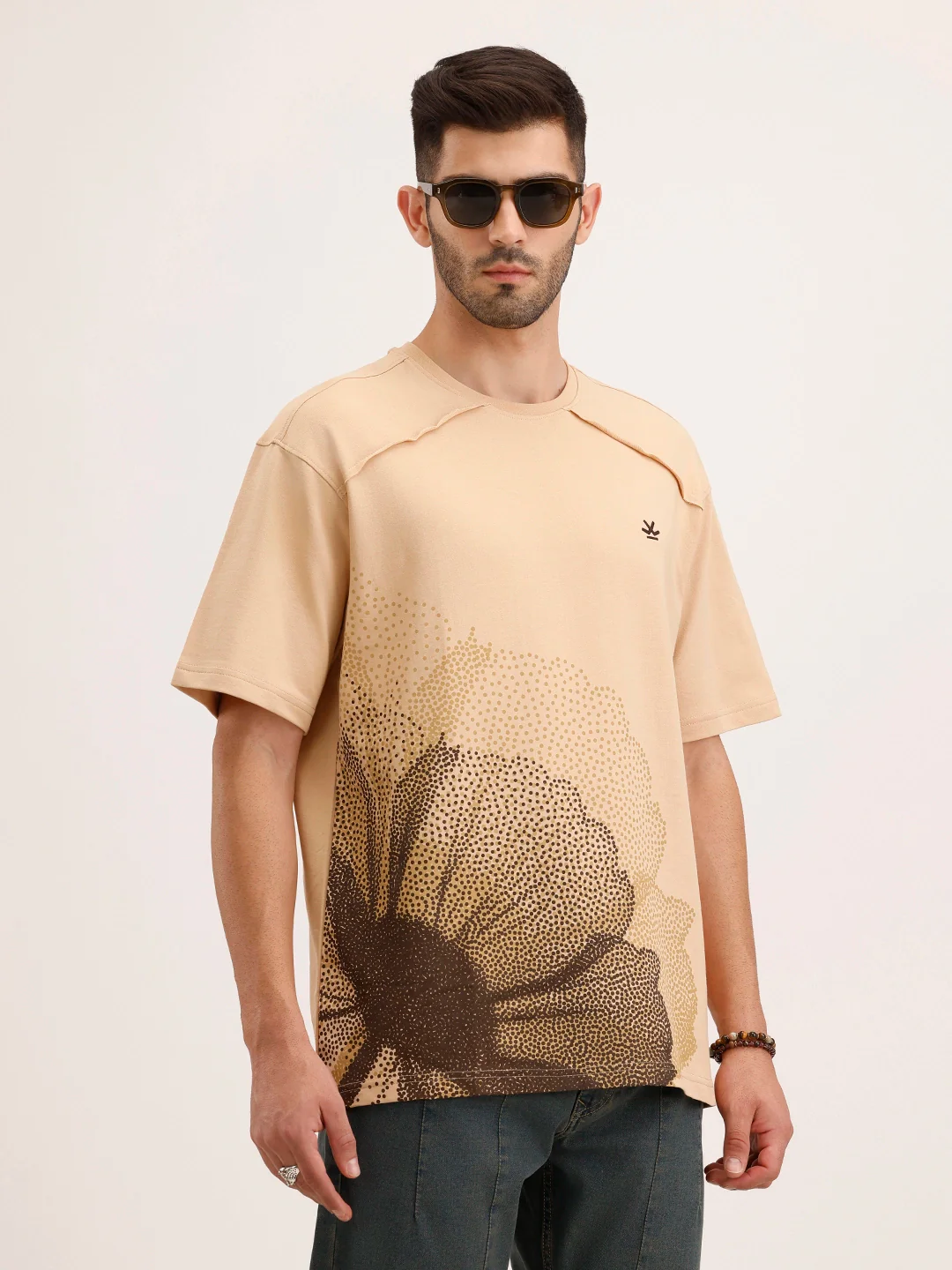 Oversized Cut & Sew Placement Printed T-Shirt | Beige