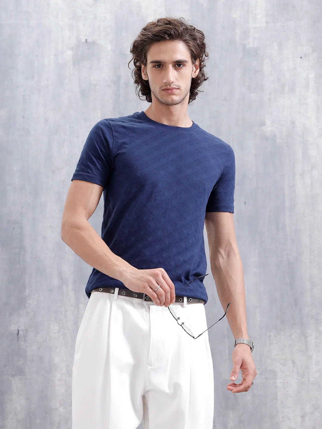Geometric Jacquard Slim Fit Cotton Blend Shirt | Navy Blue
