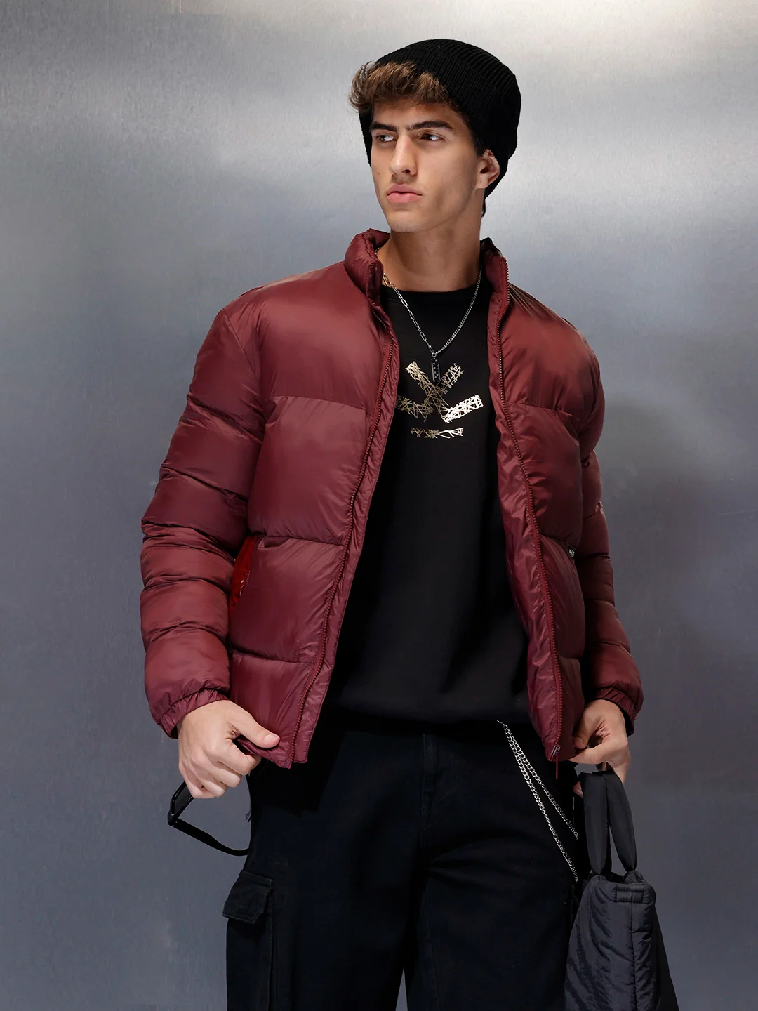 Gloss Finish Quilted Puffer Jacket | Maroon