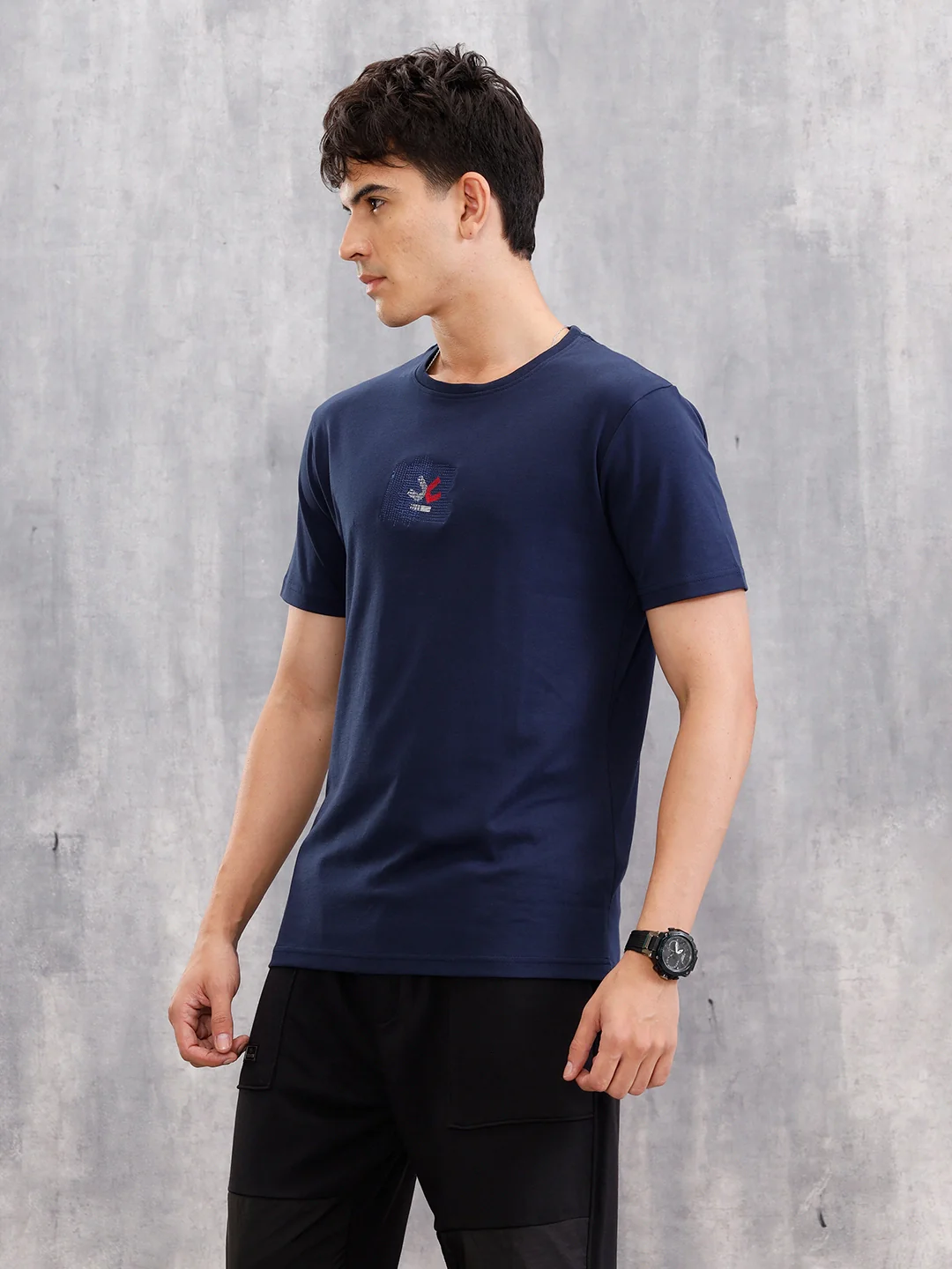 Gold Finish Interlock Tee With Embroidery On Chest | Navy Blue - Image 5