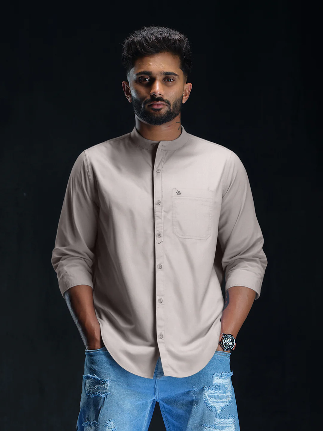 Grey Oxford Mandarin Collar Shirt