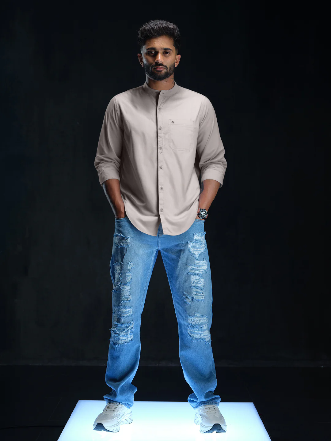 Grey Oxford Mandarin Collar Shirt - Image 2
