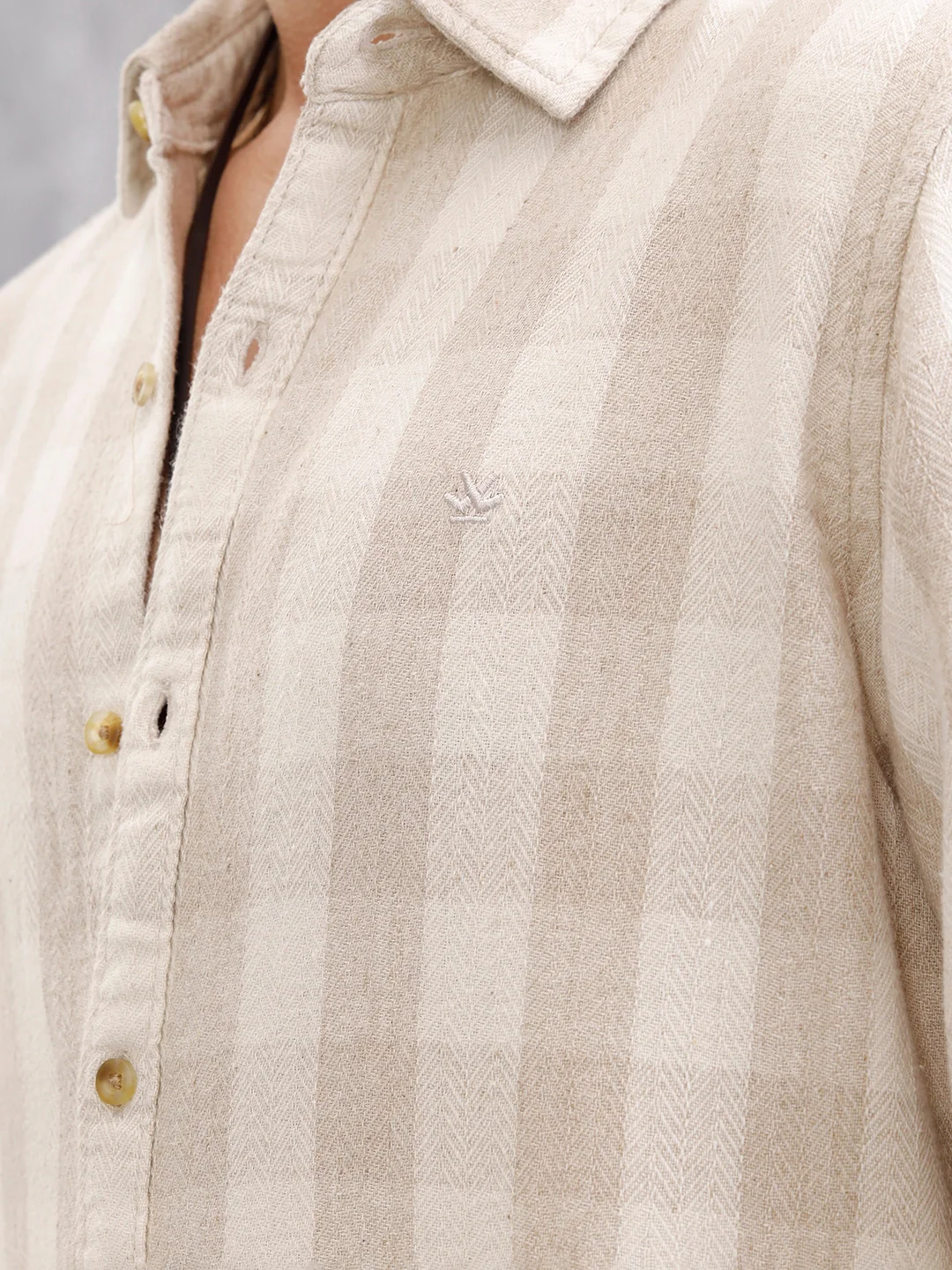 Herringbone Check Shirt In Natural Tones | Beige - Image 4