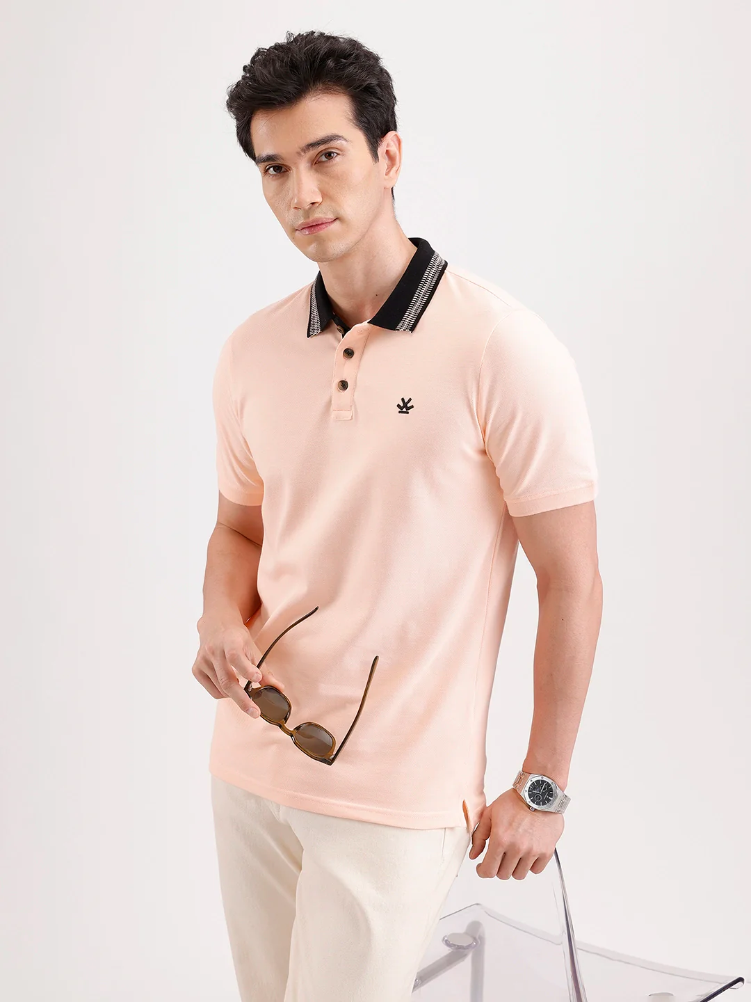 Jacquard Collar Polo T-Shirt  | Peach