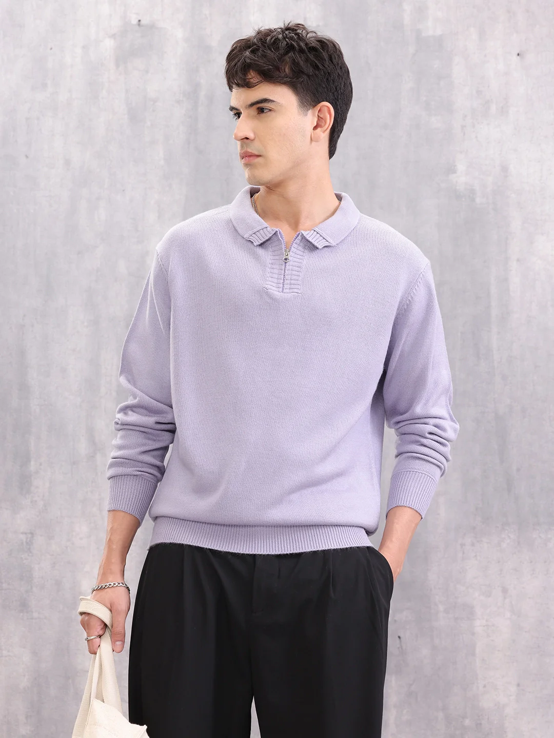 Knitted Pullover With Stylized Half Zip Polo Collar | Lavender