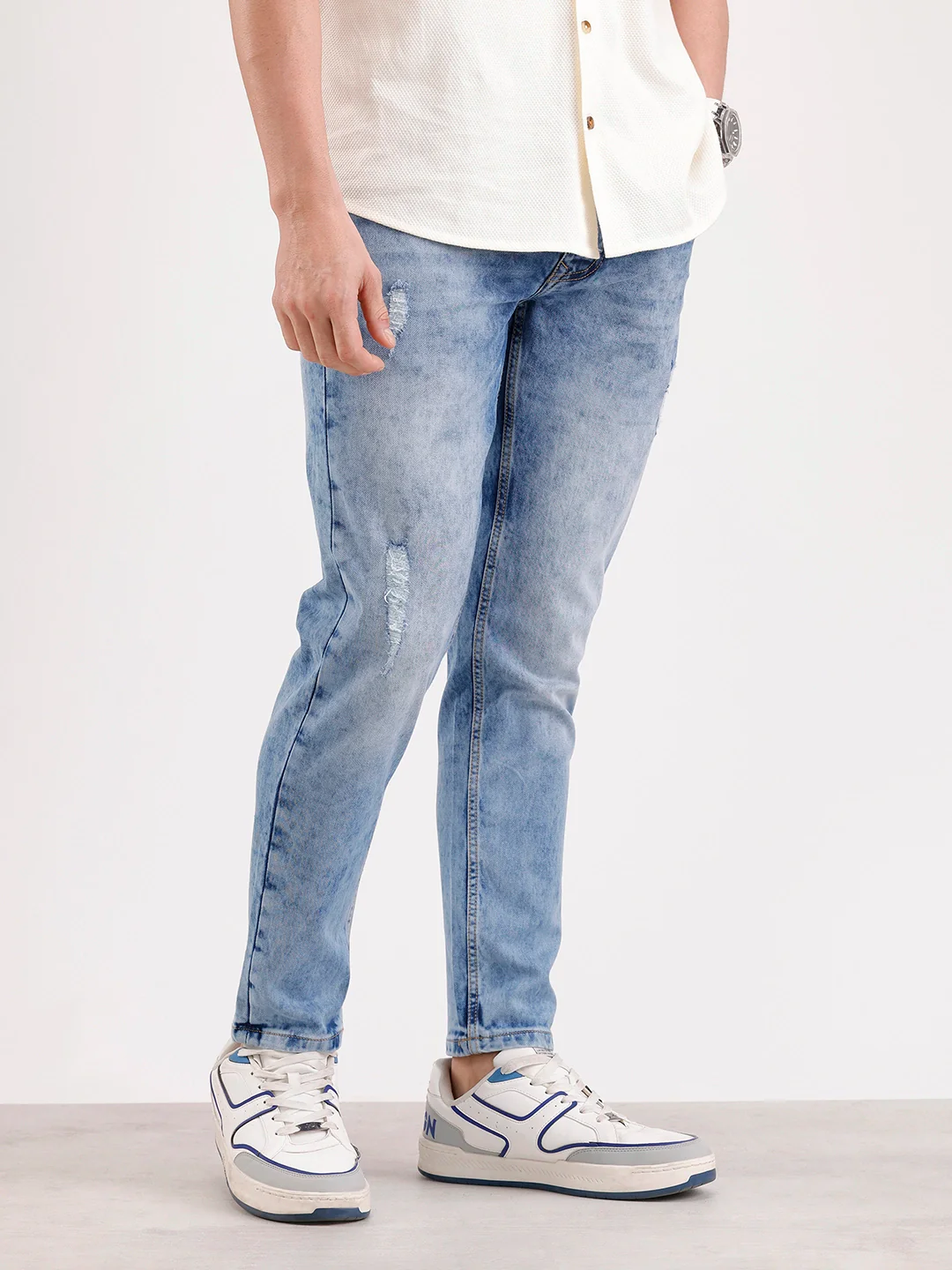 Light Distressed Skinny Crop Denim Jeans | Blue - Image 4