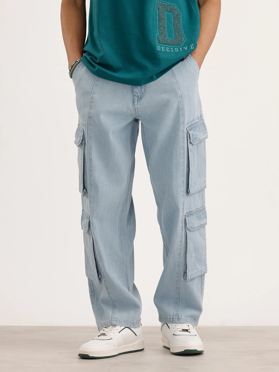 Loose Fit Cargo Denim Jeans | Light Blue