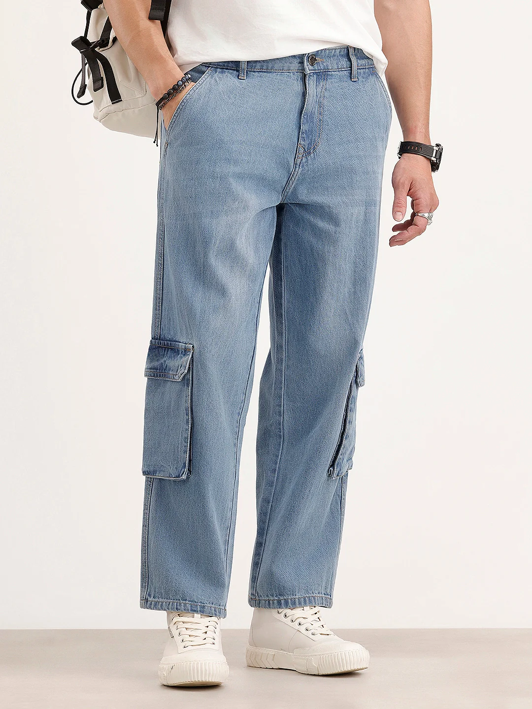 Loose Fit Cargo Denim Jeans | Light Blue