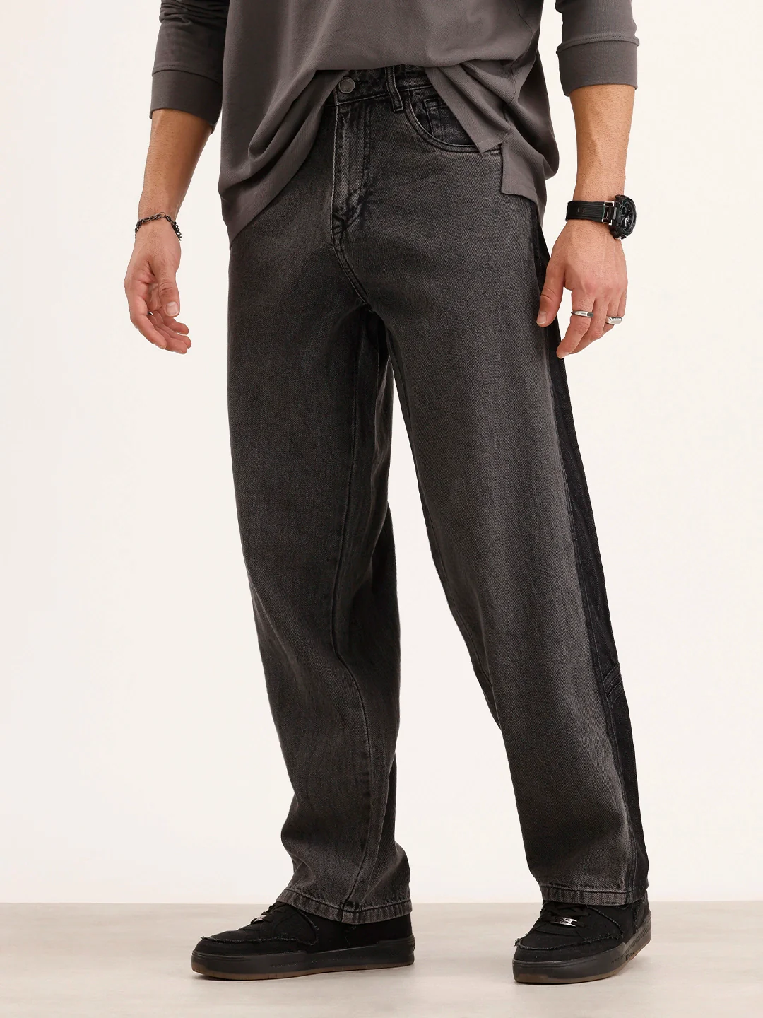 Loose Fit Cut & Sew Denim Jeans | Grey