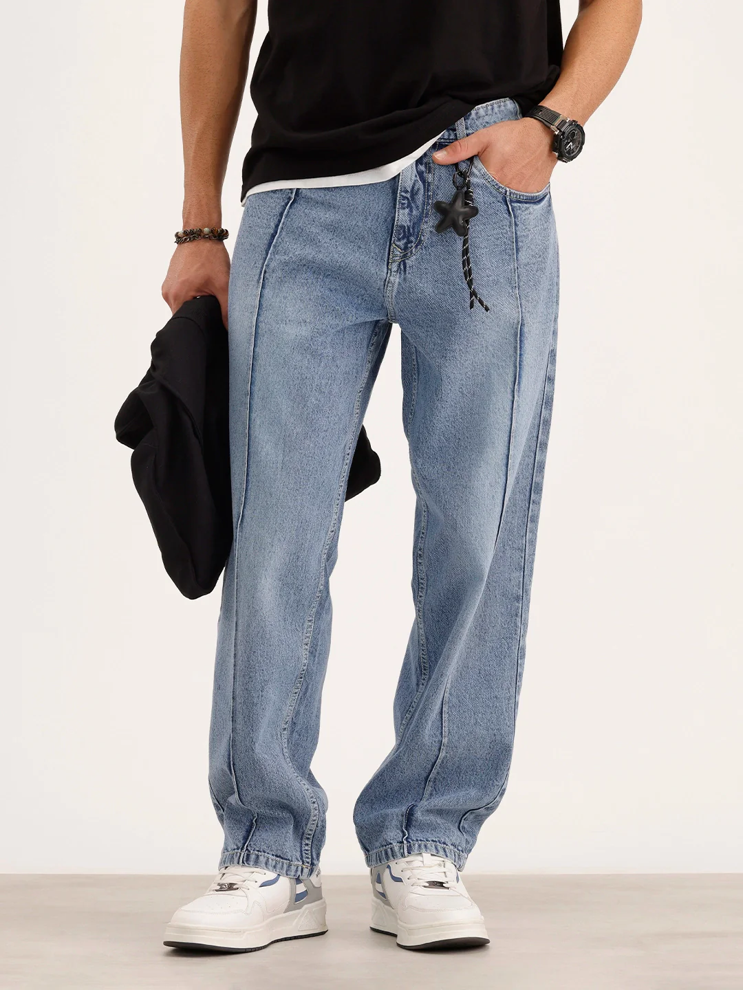 Loose Fit Cut & Sew Denim Jeans | Light Blue