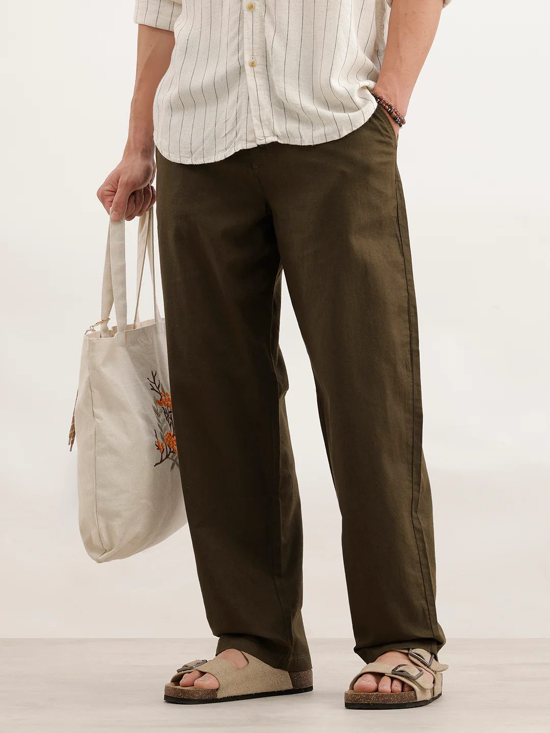 Loose Fit Linen Blend Mens Casual Wear Trouser | Olive