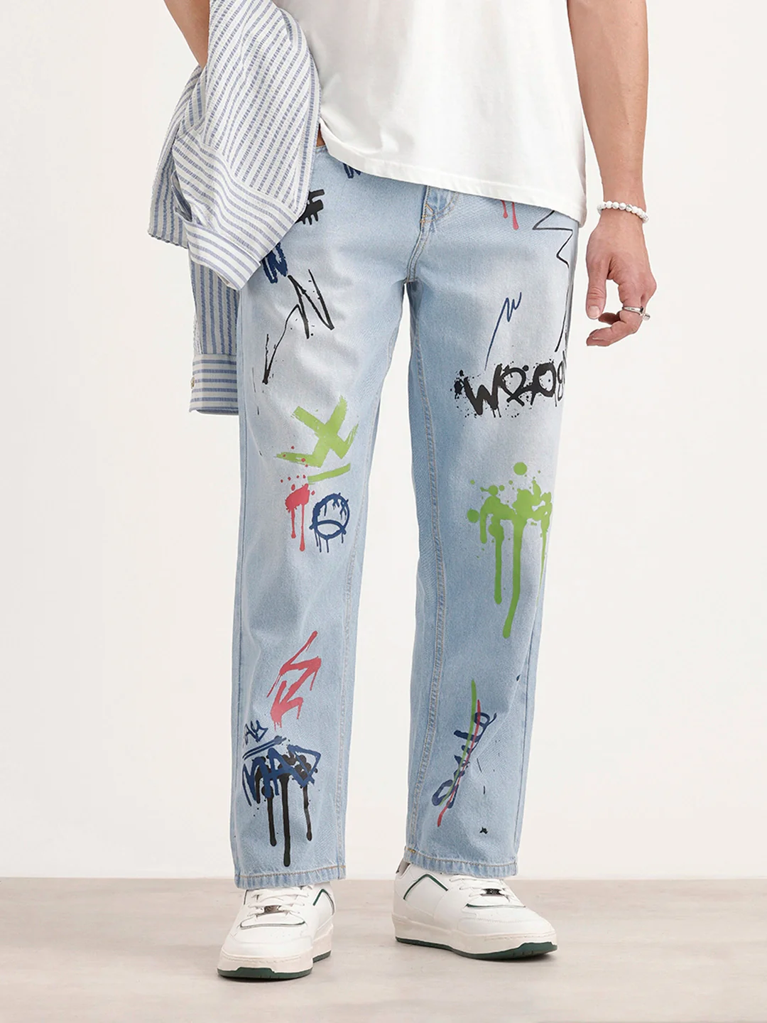 Loose Fit Placement Printed Denim Jeans | Light Blue