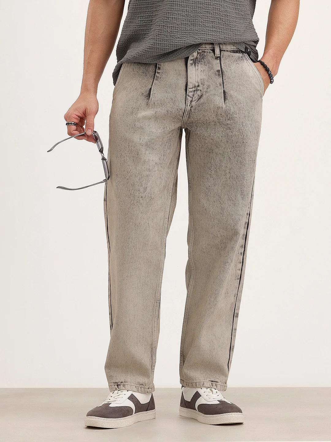 Loose Fit Pleated Denim Jeans | Grey