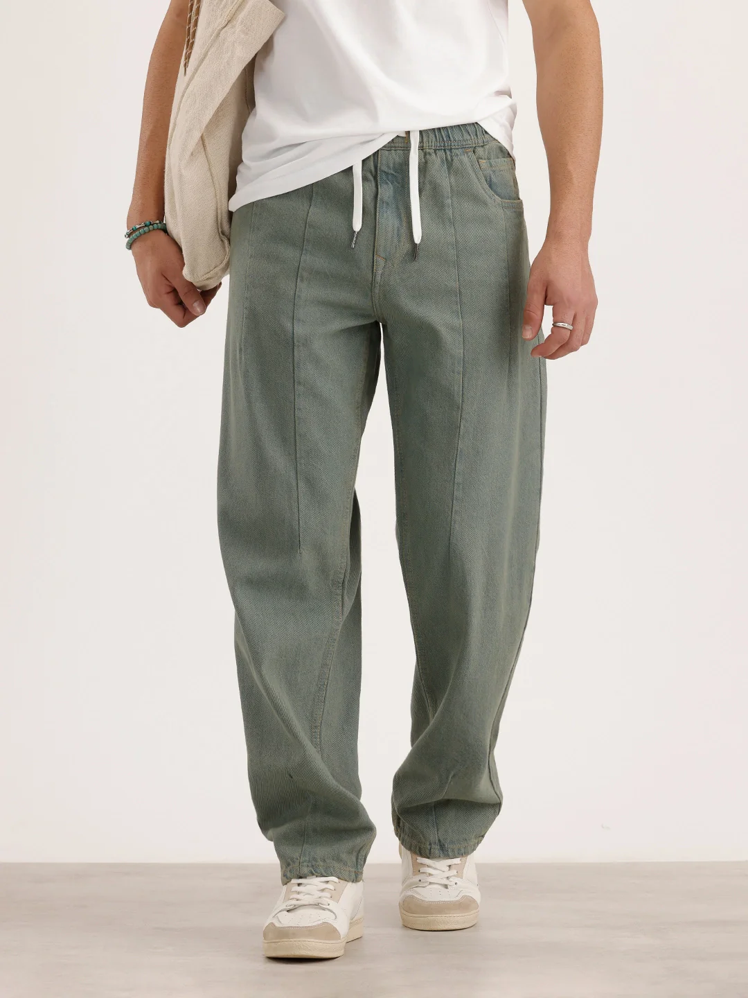 Loose Fit Pleated Denim Jeans | Olive