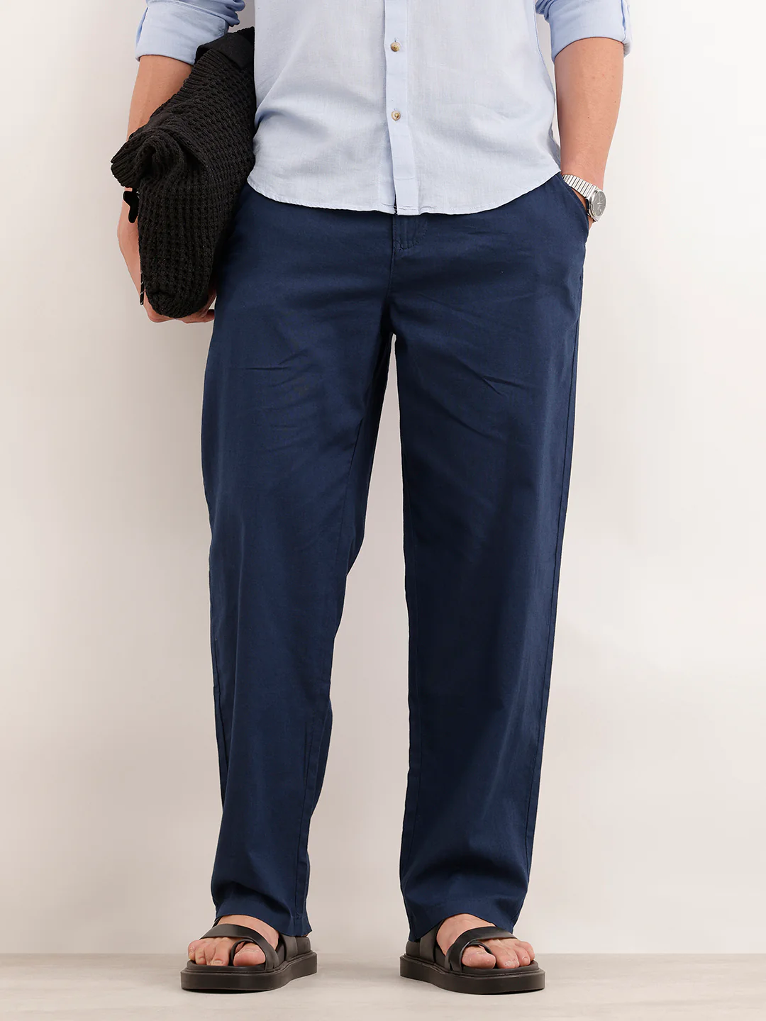 Loose Fit Solid Linen Blend Mens Trouser | Navy Blue
