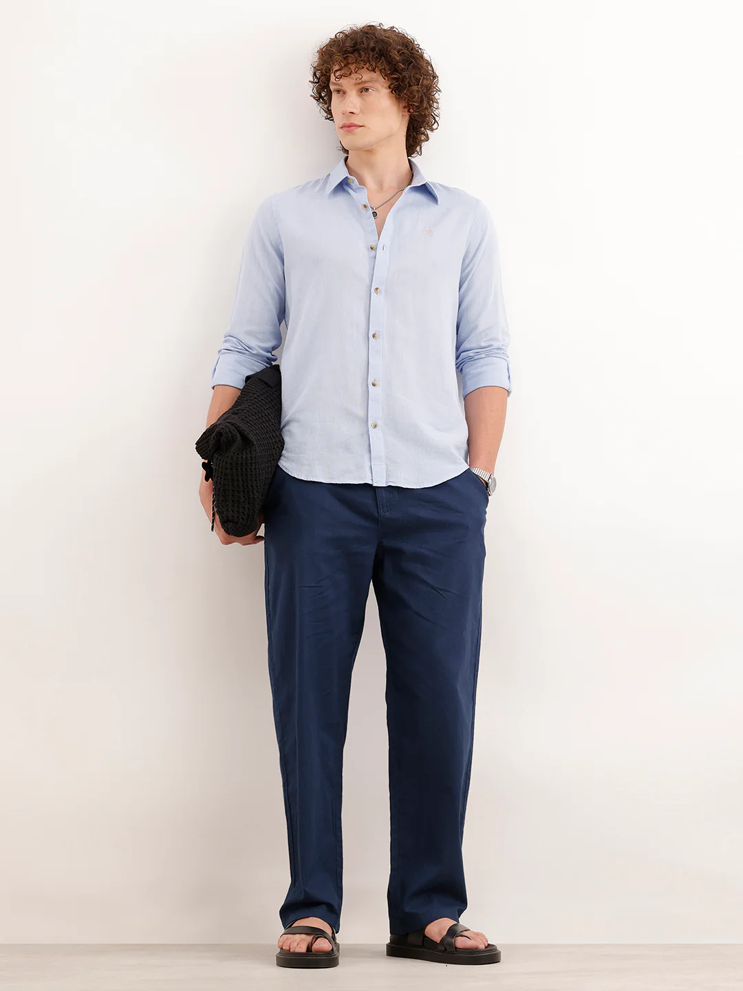 Loose Fit Solid Linen Blend Mens Trouser | Navy Blue - Image 2