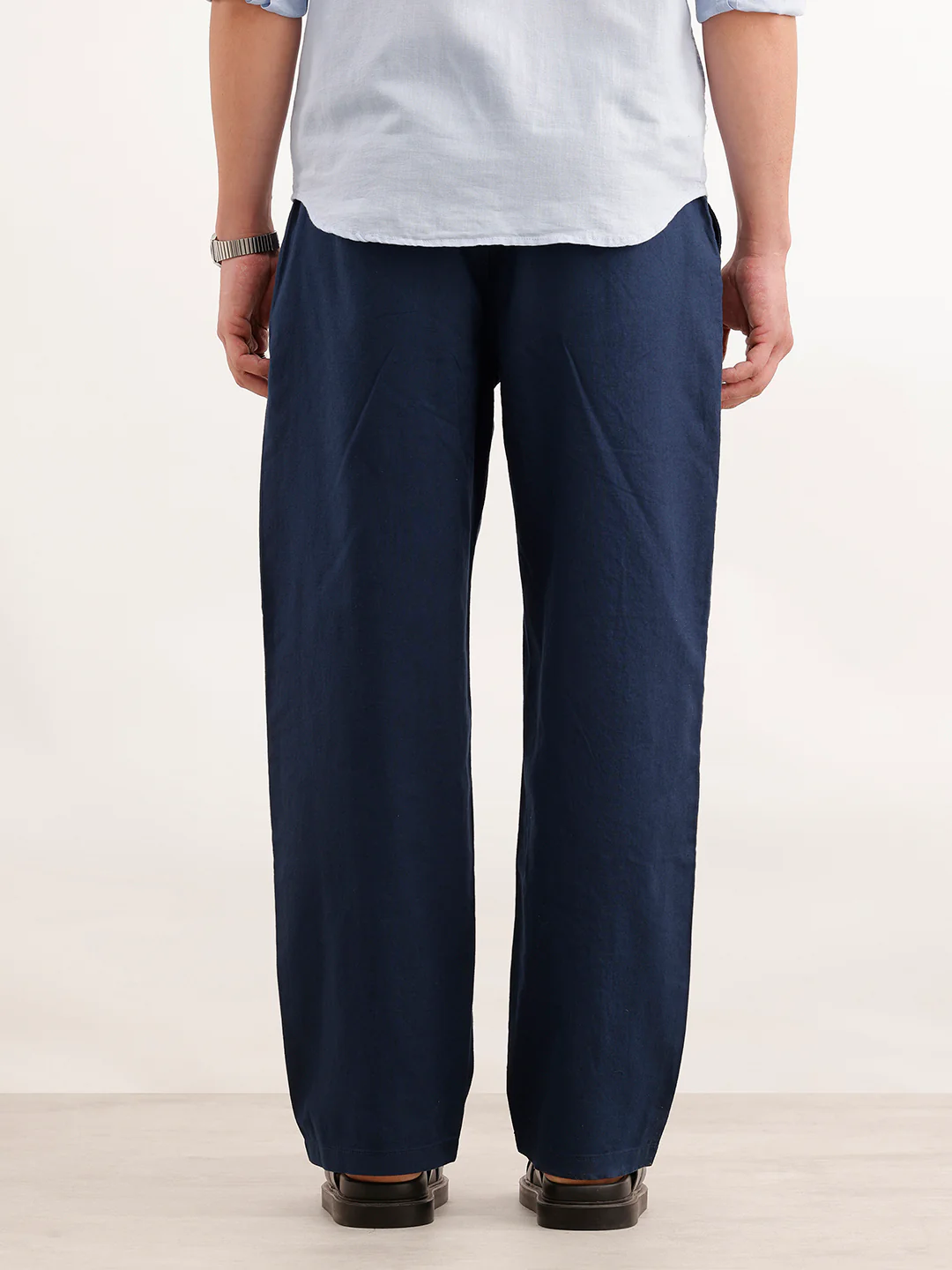 Loose Fit Solid Linen Blend Mens Trouser | Navy Blue - Image 3