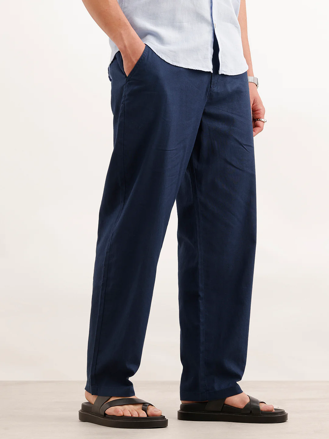 Loose Fit Solid Linen Blend Mens Trouser | Navy Blue - Image 4