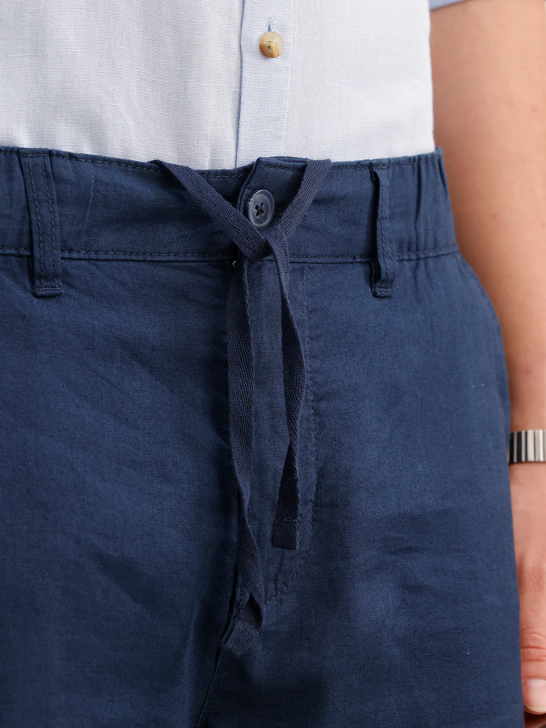 Loose Fit Solid Linen Blend Mens Trouser | Navy Blue - Image 5