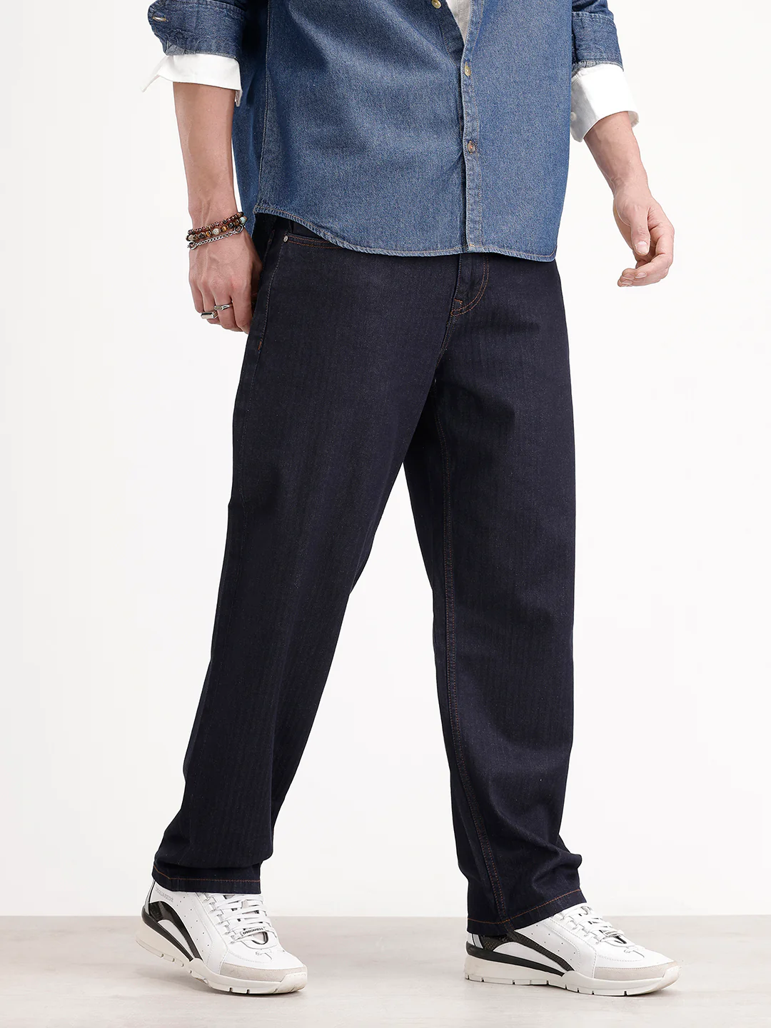 Loose Fit Textured Denim Jeans | Dark Blue