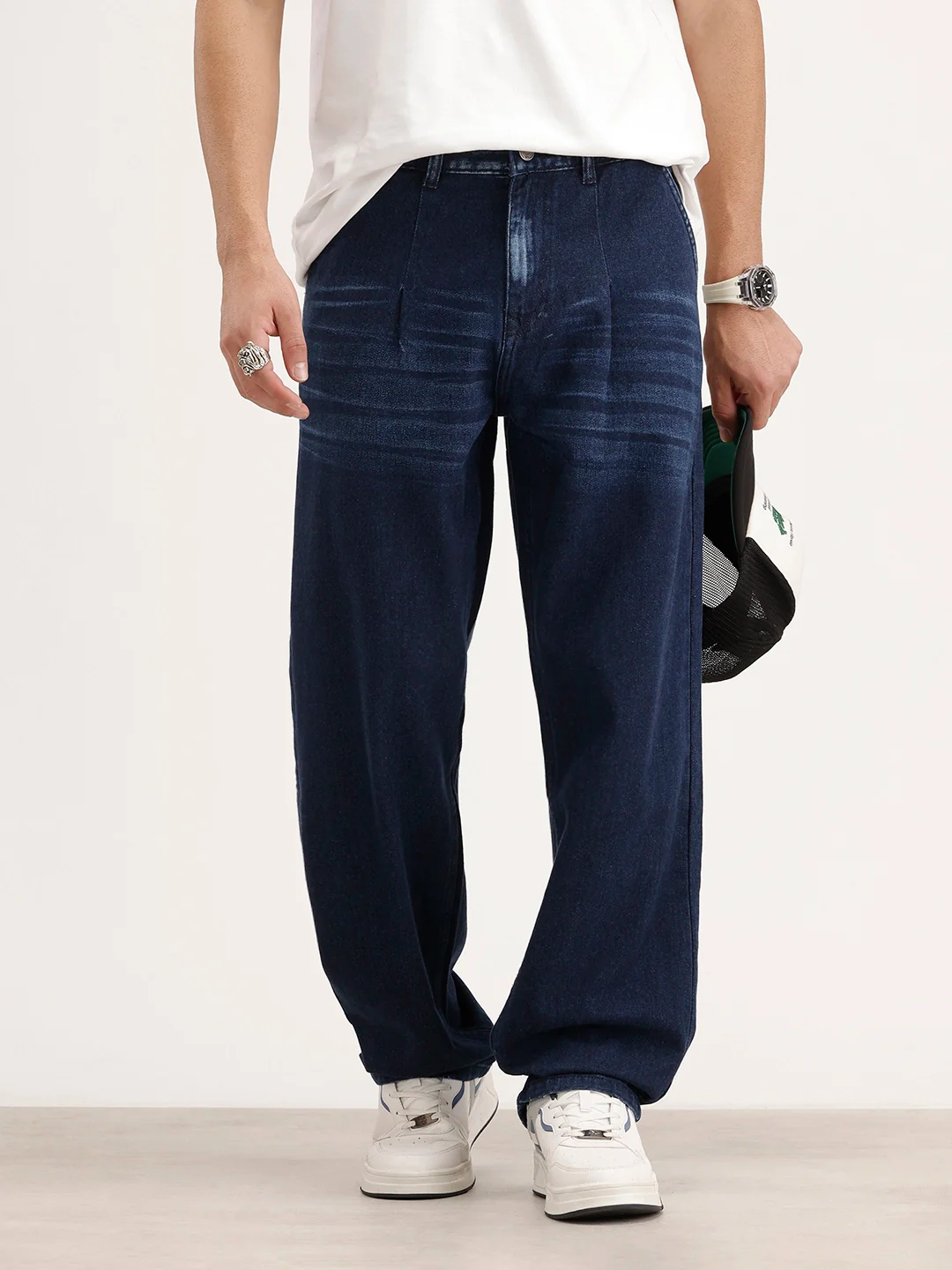 Loose Pleat Fit Denim Jeans | Dark Blue