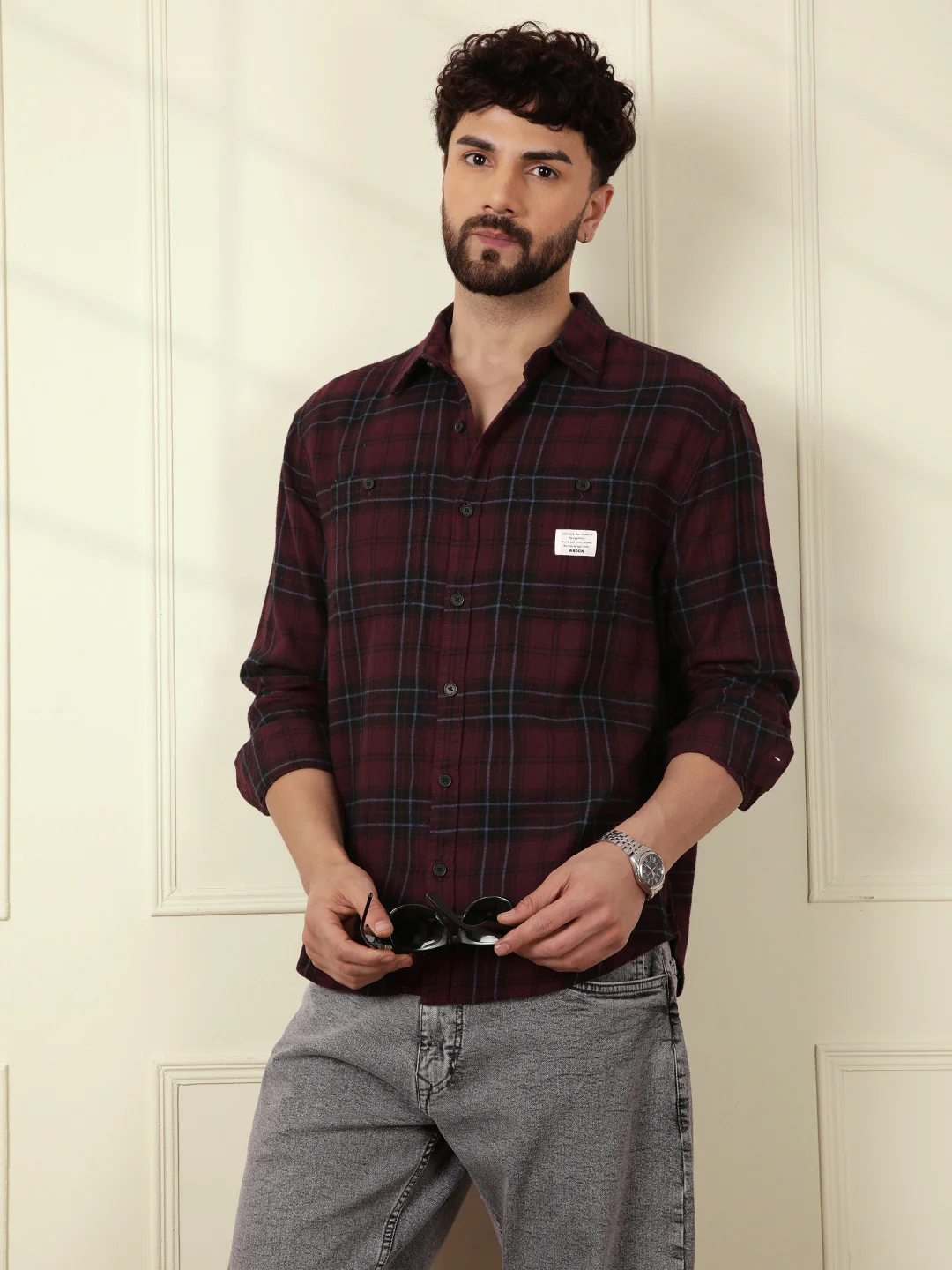 Tonal Checked Comfort Fit Shirt | Maroon