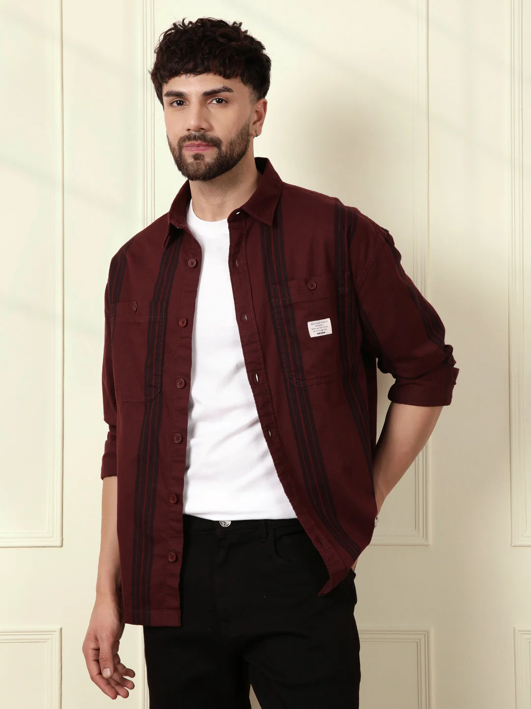 Textured Stripes Oversized Shirt | Maroon