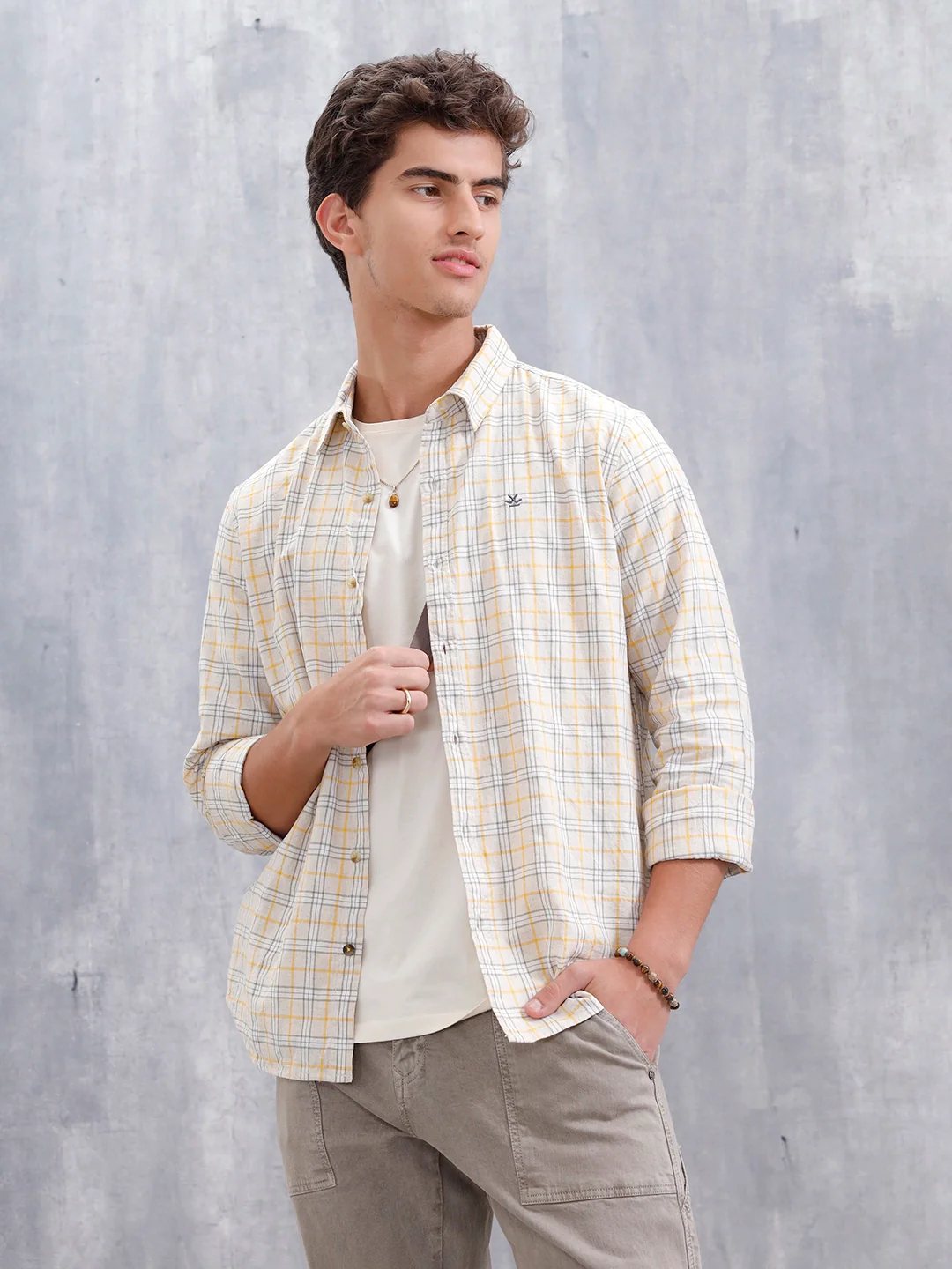 Men Checkered Pattern Slim Fit Shirt | Beige