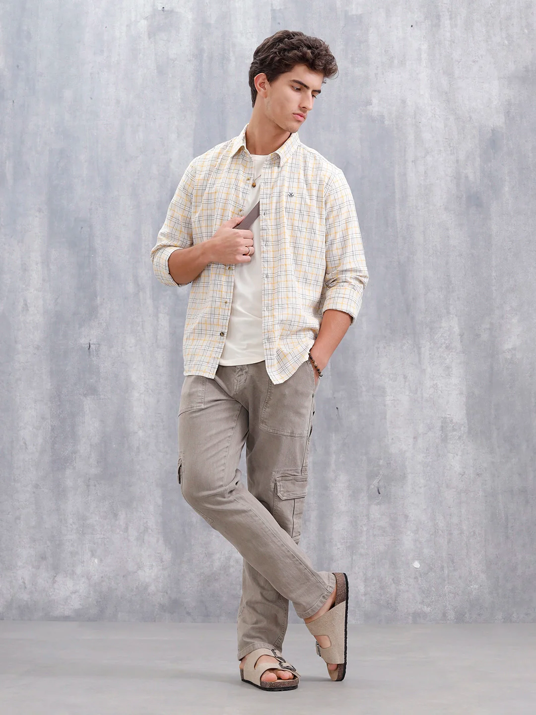 Men Checkered Pattern Slim Fit Shirt | Beige - Image 2